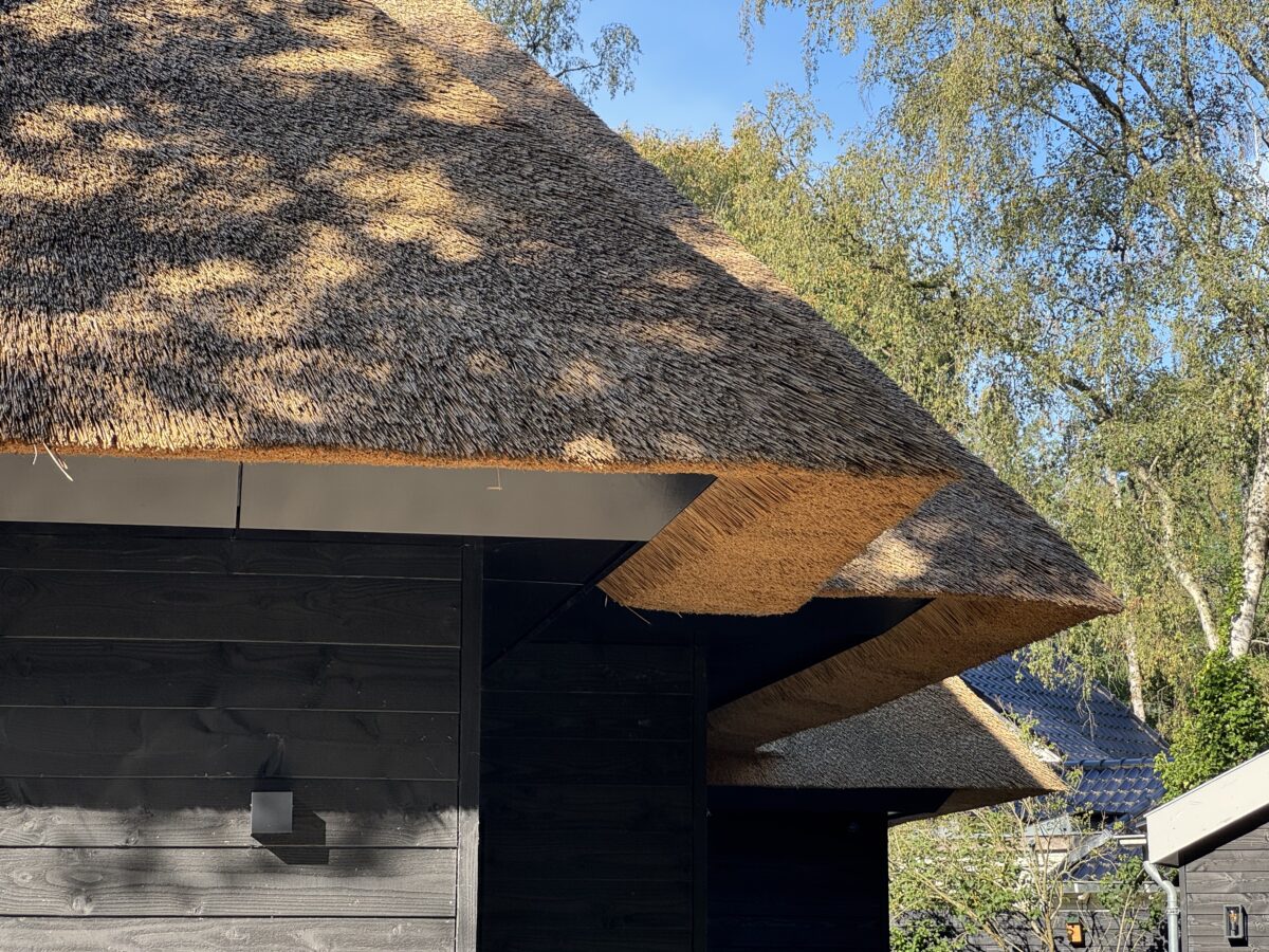 Detail van de rieten kap en houten gevelbekleding, villa in Huizen