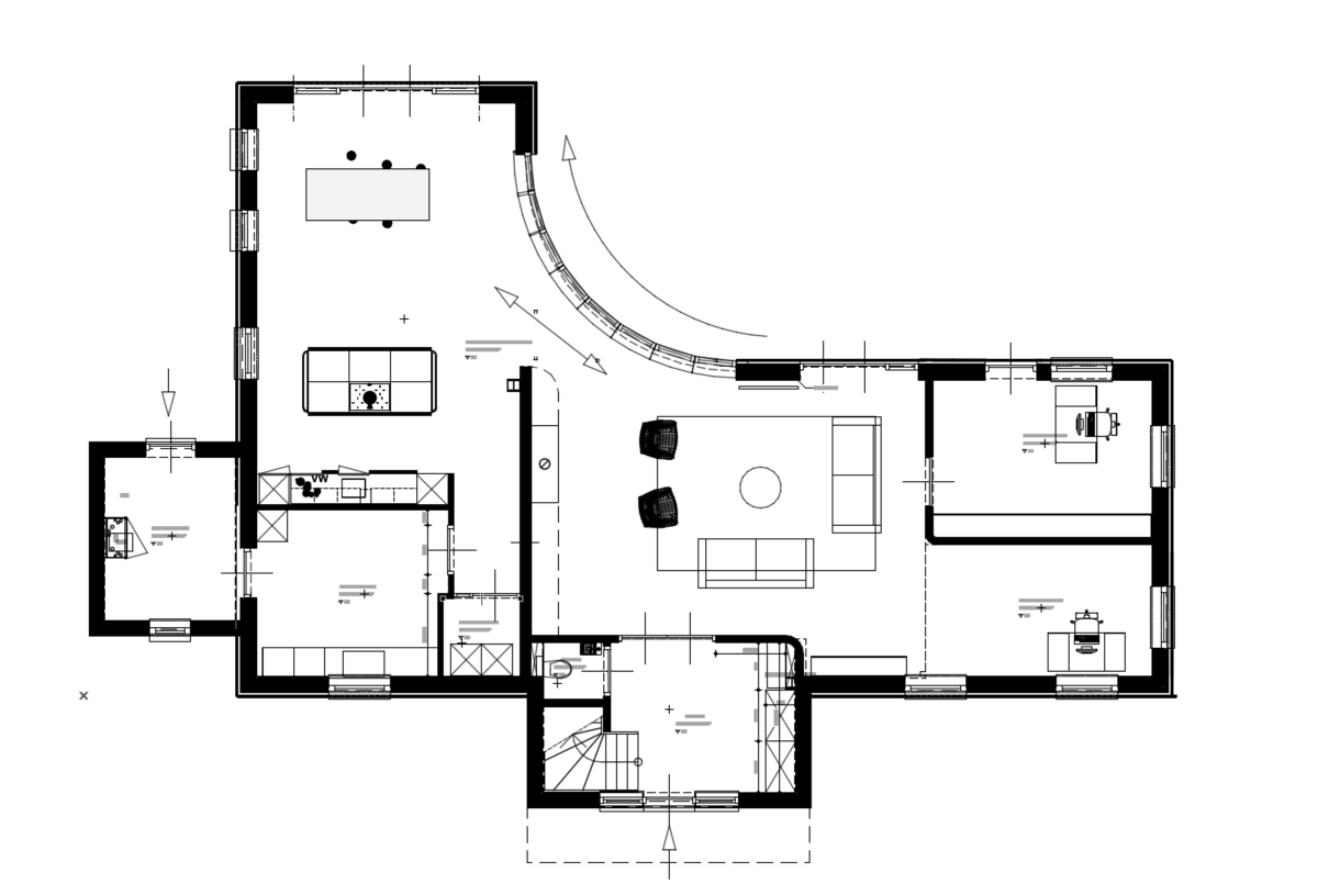 Plattegrond van de villa in Huizen met ronde glazen gevel